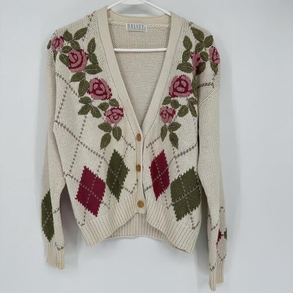 Ralsey Sweaters - Ralsey Sweater Womens Large Floral Argyle Button Cardigan Vintage Style Knit